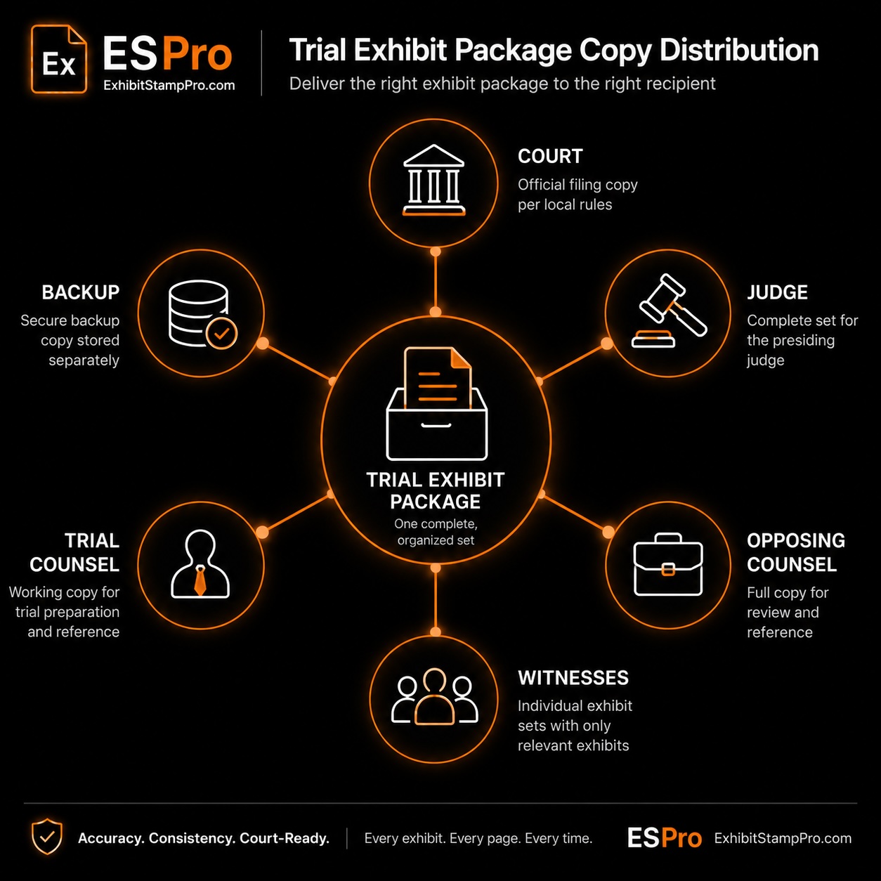Hub and spoke diagram showing trial exhibit package copy distribution to six recipients: Court, Judge, Opposing Counsel, Witnesses, Trial Counsel, and Backup